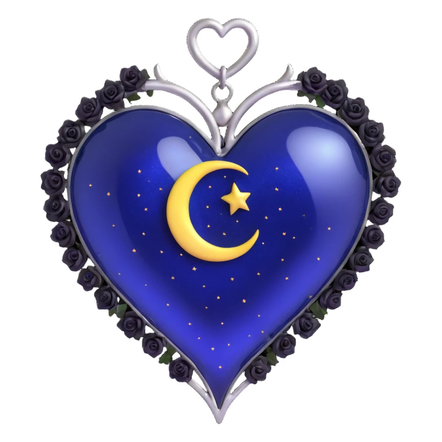 gothic heart made of midnight blue glass with a silver crescent moon, tiny black roses, shimmering stardust, metallic chrome shine sticker
