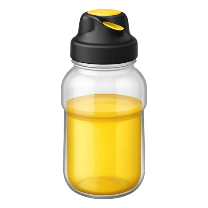 a clear shaker bottle with black cap and a yellow colored liquid inside sticker