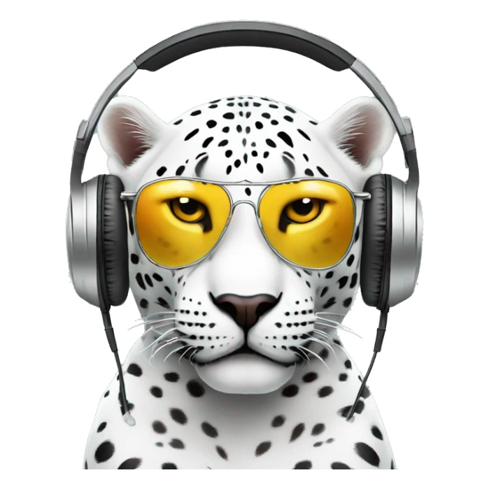 white jaguar dj, emoji face, looking forward, wearing cool sunglasses, wearing over-ear headphones on top of head sticker