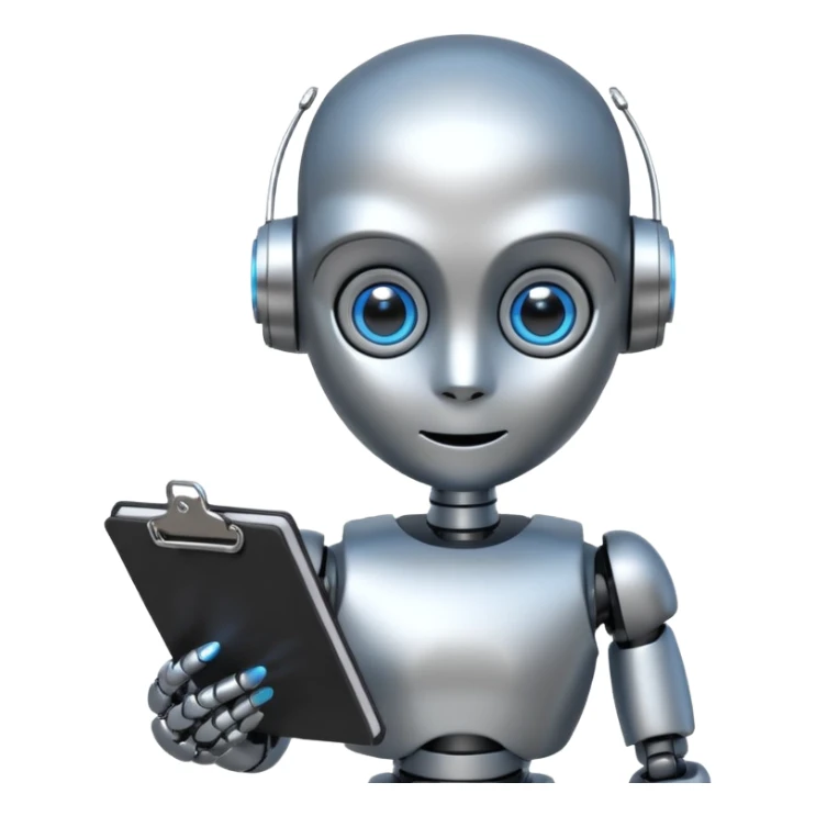 Portrait of a small humanoid robot with round head, metallic limbs, glowing eyes, holding a clipboard sticker