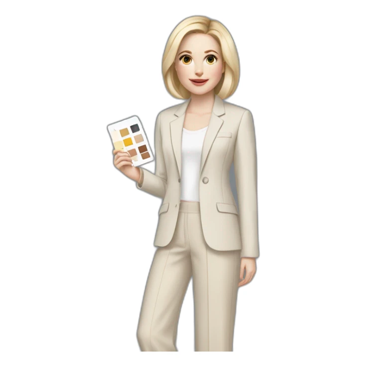 pale skin woman with ash blonde Straightened bob Hair, White Spacious classical jacket, beige palazzo Arrow pants and gray blouse holding a color palette in the hands sticker