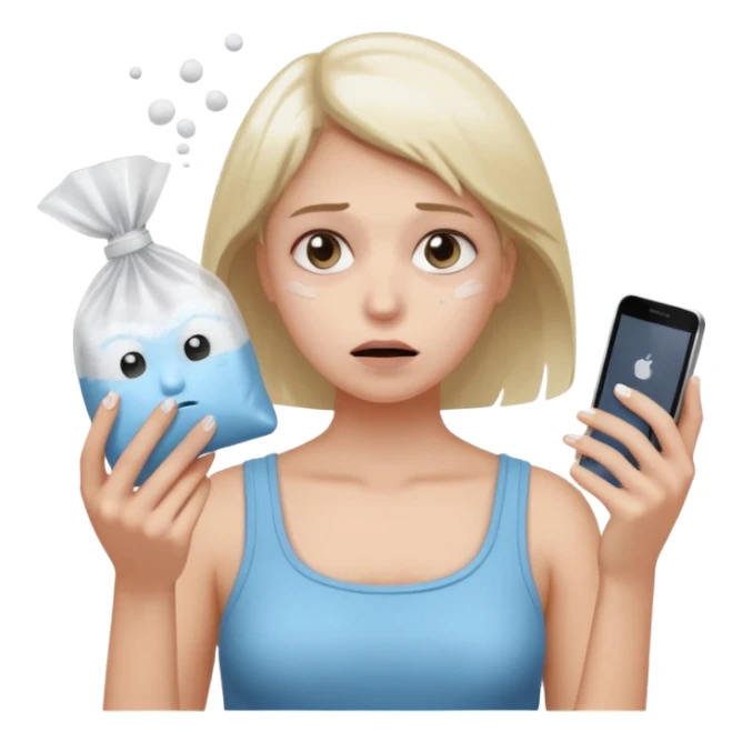 she's anxious , has a transparent tiny pastic bag full of white powder, and her phone in the other hand sticker