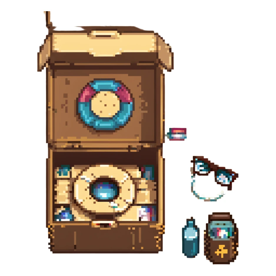 An open box containing a protective amulet from mom, a vinyl record from a friend, bandages, and glasses sticker