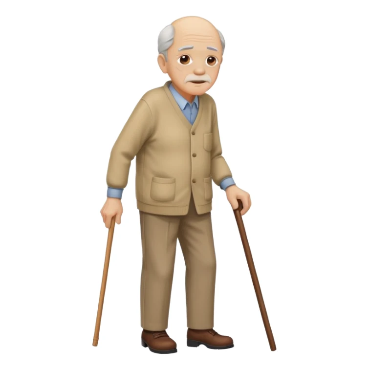 An old men leaning on a single cane walking with the other hand on his back to express back pain sticker