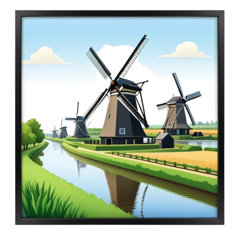 cinematic-realistic-kinderdijk-windmills-landmark-emoji,-showcasing-traditional-dutch-windmills-aligned-along-a-tranquil-canal,-with-lush-green-fields in a picture frame sticker