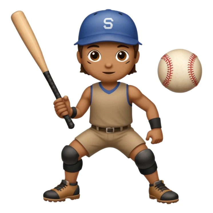 Wood log with arms and legs, holding a baseball bat sticker