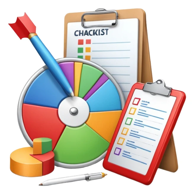 An icon featuring a pie chart, a clipboard with a checklist, and a megaphone, symbolizing management and marketing. The design includes upward-trending graphs and a target with an arrow, representing strategy and success. Transparent background highlights business organization and promotion. sticker