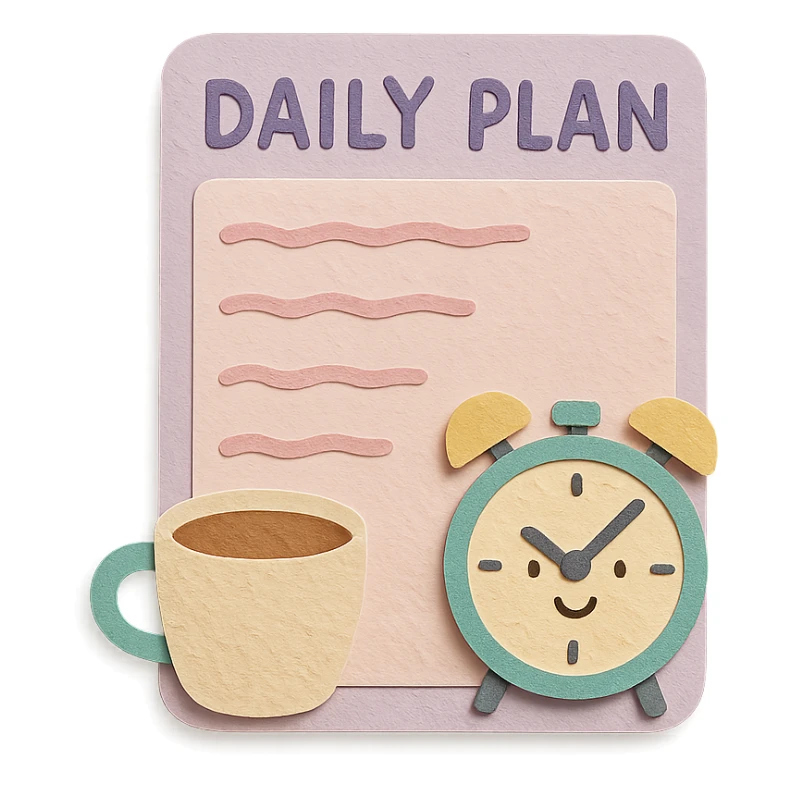 soft pastel daily planner page with coffee cup and cute clock elements, hand-drawn style sticker