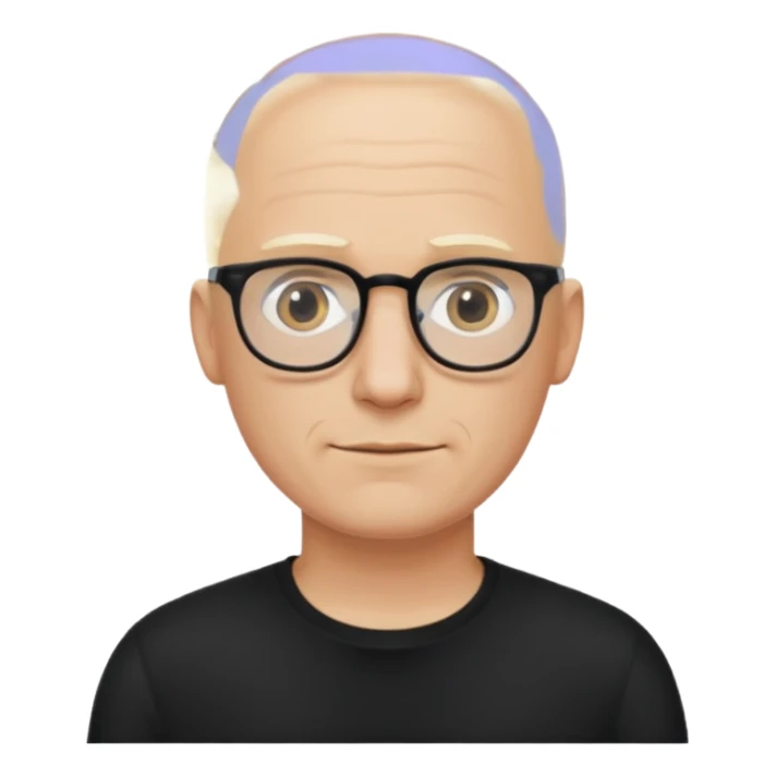 bald blonde man with eyeglasses with black shirt sticker