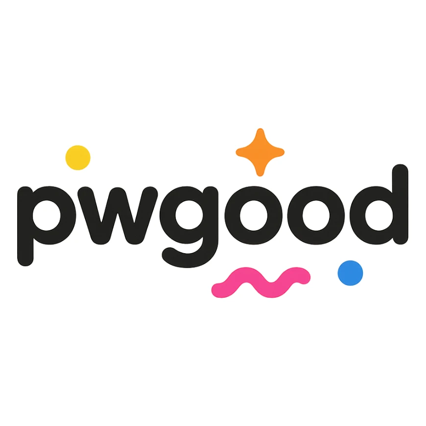 playful logo for 'pwgood' with rounded font and colorful accents, tech startup vibe sticker