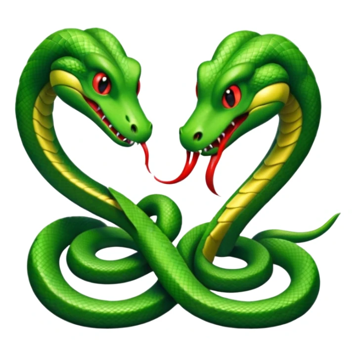 Two angry looking green snakes, tangled up at their tails, facing each other, hissing  sticker