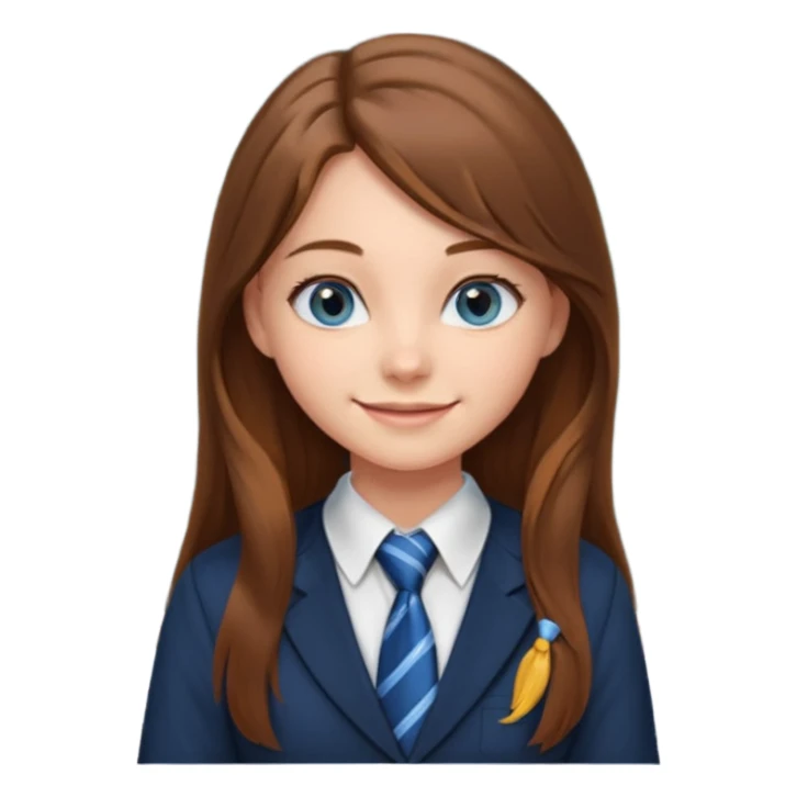 high school class room with a pretty female high school student with long brown hair, blue eyes, wearing a tie, sitting in front of the blackboard sticker