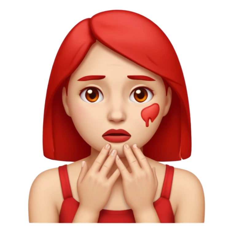 woman emoji with pained expression, cheeks and neck visibly red and irritated, hands touching face as if feeling burn after shaving sticker