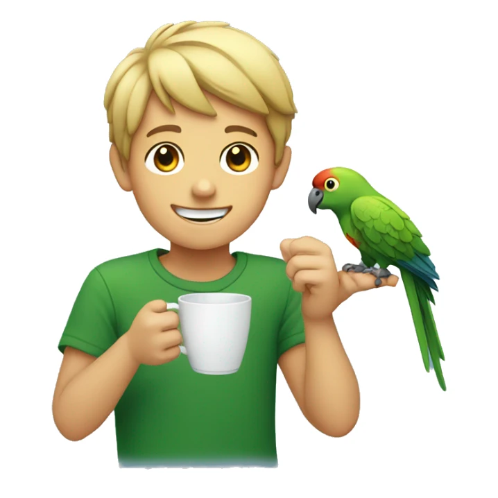 smiling boy with parrot cup with less fingers sticker