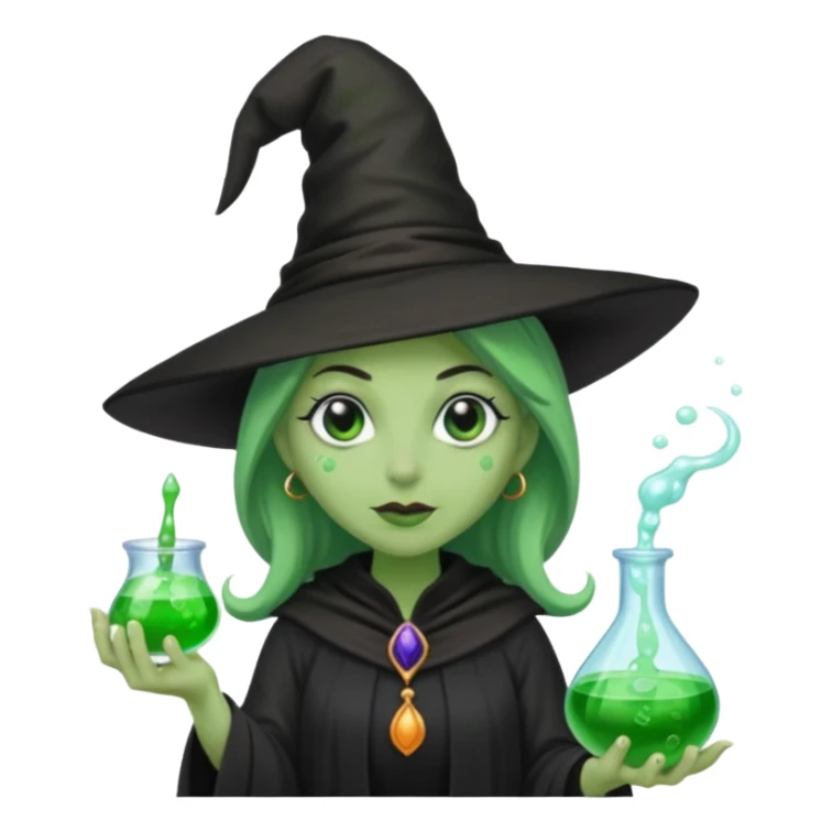 Witch with Green Skin – long-nosed witch in black hat holding potion sticker