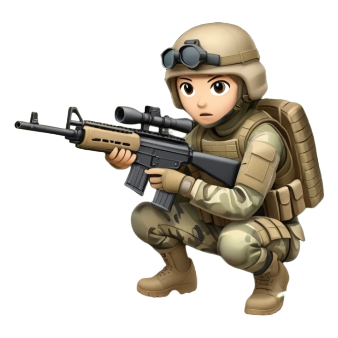 A tactical player in camouflage gear, crouched behind cover with a rifle aimed, ready for action. The scene is set in an outdoor field, with strategic obstacles and soft sunlight, conveying the intensity and teamwork of a competitive airsoft match. sticker