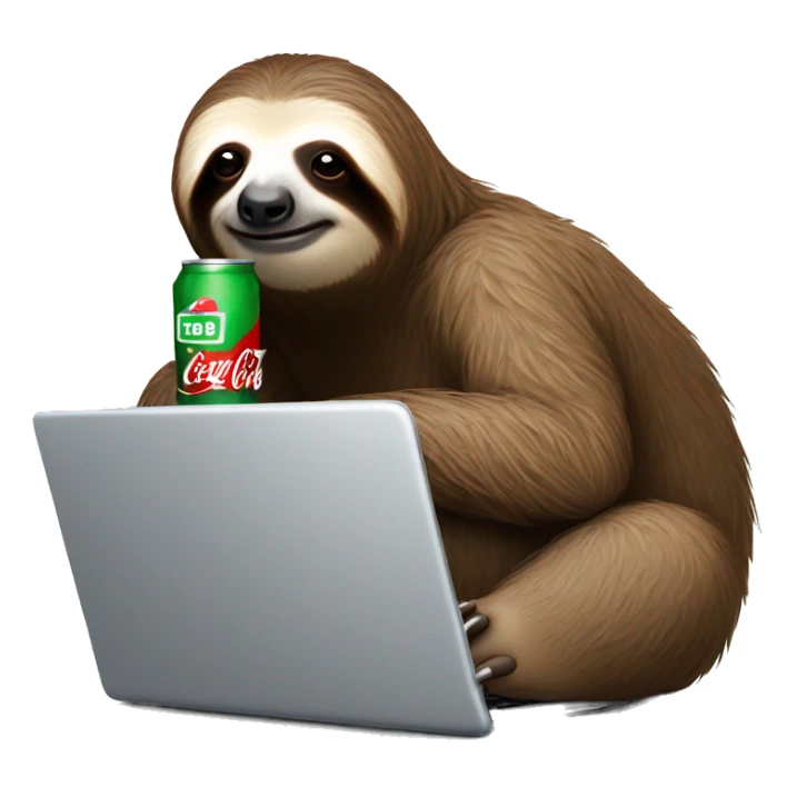 tired sloth with coca cola can and laptop sticker
