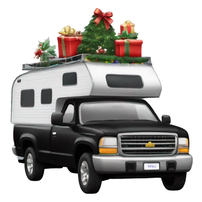 Black pickup truck with an camper attached with Christmas lights and decorations sticker