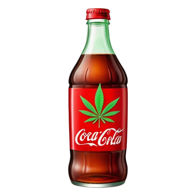iconic curved Coca-Cola style glass bottle in red with a green cannabis leaf and "red pop" text on the label sticker