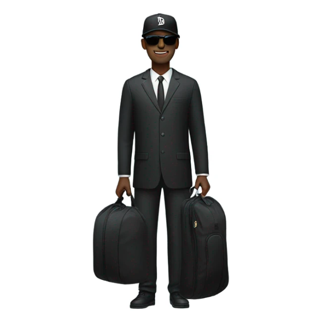 A tall black man with sunglasses dressed in black with a black baseball hat and a garment bag sticker