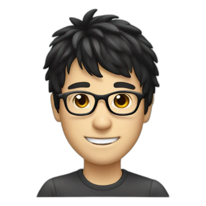 smiling white boy with black hair and bangs and glasses sticker