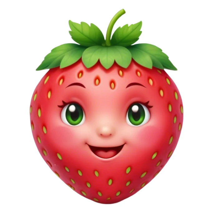 Cinematic plump happy strawberry, glossy bright red, tiny round eyes and blushing cheeks, green leafy top slightly tilted, cheerful and charming. sticker