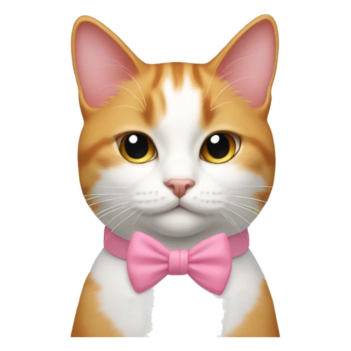 White and ginger cat with a pink bow on the head and collar sticker