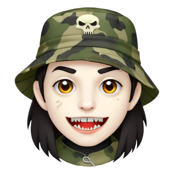 Vampire wearing a camo styled bucket hat. Dark hair and fangs also sticker