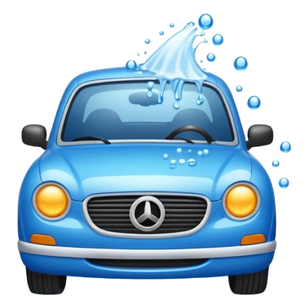 car wash emoji with bubbly water, blue and white colors, cheerful expression sticker