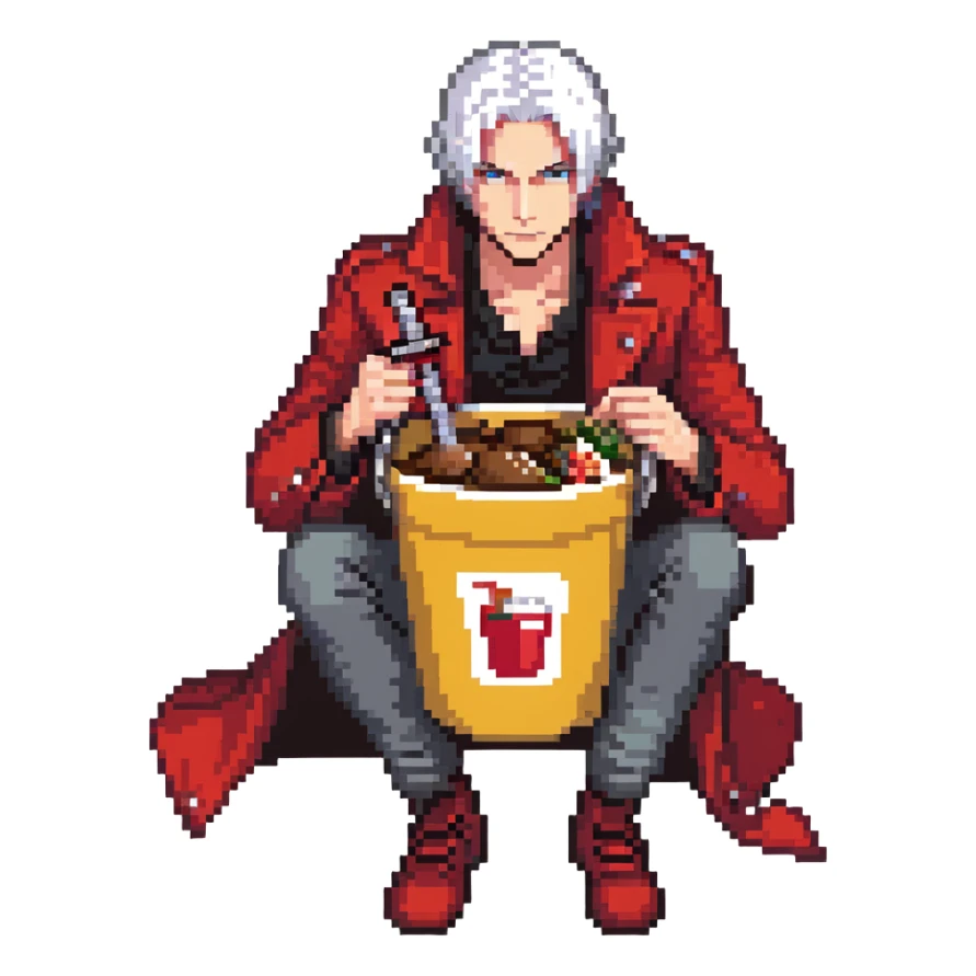 Dante from Devil May Cry sitting in a KFC bucket, red coat, white hair, rebellion sword sticker