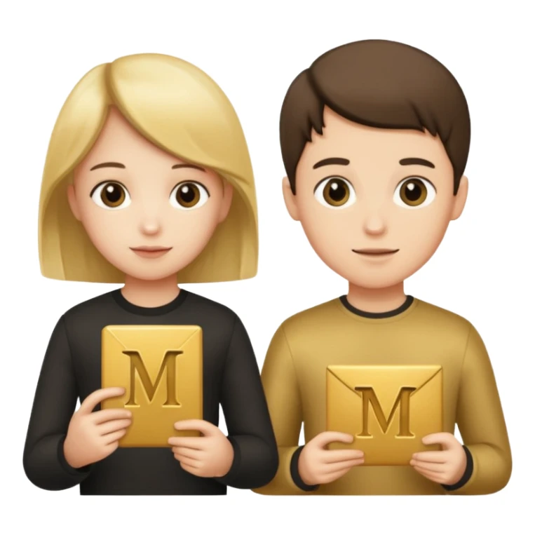 Create two letters, N and Y, in the shape of sisters. Create an image of a boy holding the letter N and a girl holding the letter M  sticker