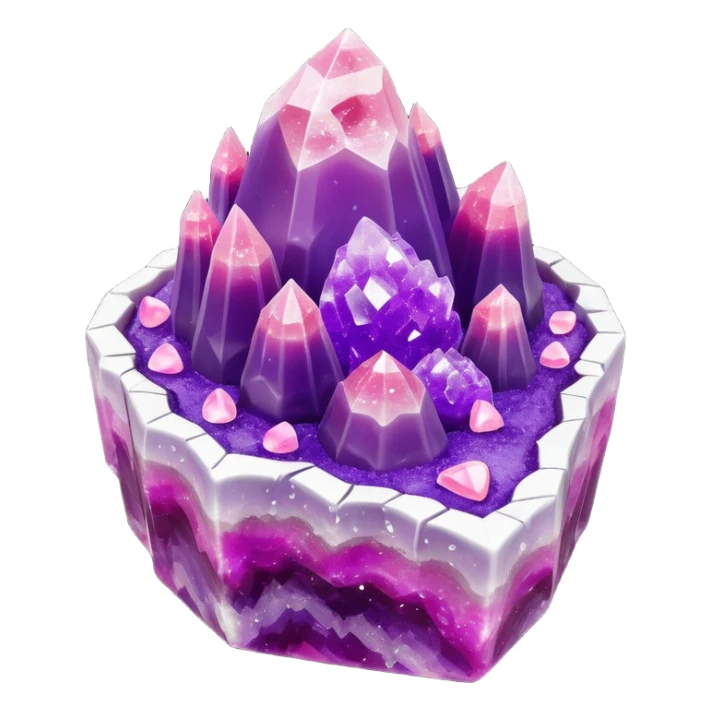 3D render of Rock Candy Geode, made entirely of dessert materials, glistening sugar crystal texture, sjagged translucent purple sugar crystals, delicious confectionery aesthetic, Apple emoji style, isolated on white background --v 6.0. sticker