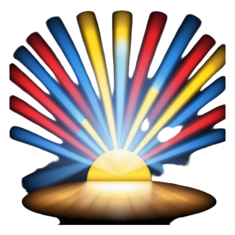 An emoji of stage lights shining brightly. Multiple spotlights in different colors (blue, yellow, red) angled towards a stage, creating a dramatic and concert-like atmosphere. Beams of light cutting through the darkness with a slight glow effect sticker