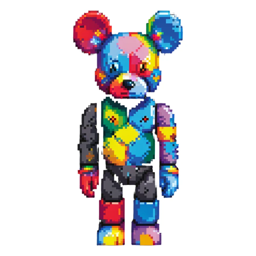 Pixel art KAWS Bearbrick figure with X eyes, blocky bear shape, vibrant colors sticker