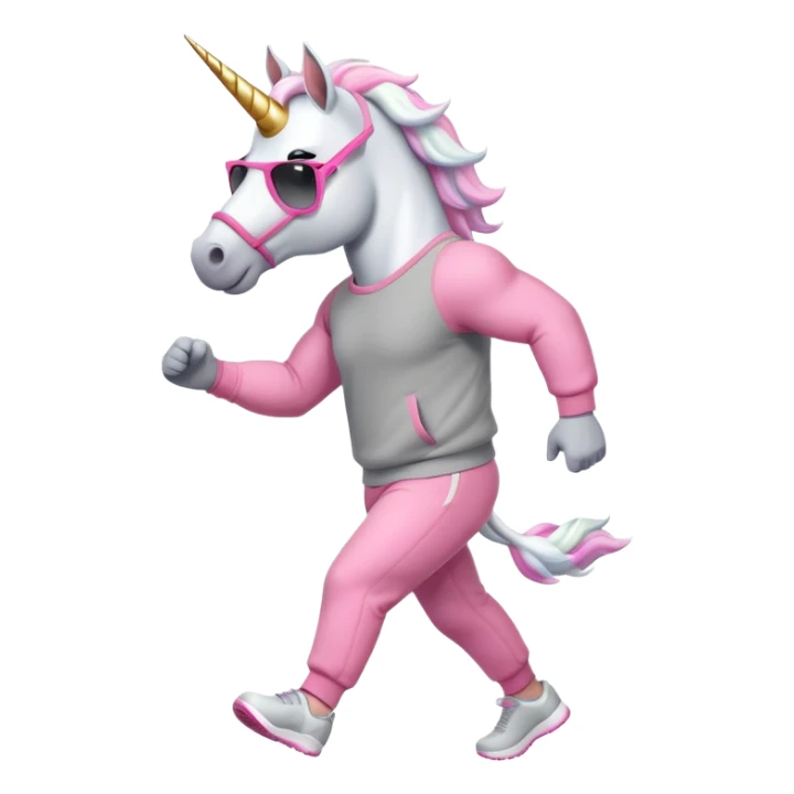 friendly anthropomorphised male white unicorn with a fit, chunky, muscular and strong physique, white arms and legs, wearing grey tracksuit pants and pink jumper, sunglasses, walking quickly sticker
