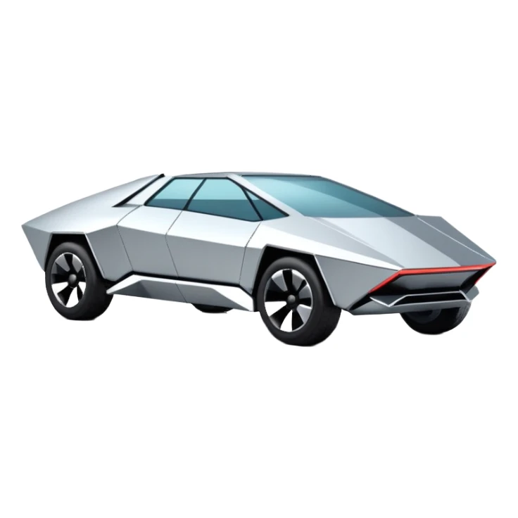 A futuristic chrome car emoji, sharp geometric body design inspired by cybertruck aesthetics, smooth silver metallic surface, matte and glossy chrome mix, minimal details, soft reflections, clean edges, iOS emoji style, centered, clean white background, soft studio lighting, no text sticker