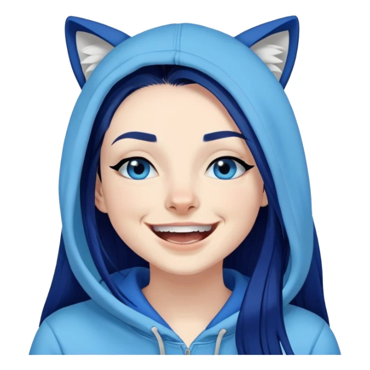 Laughing-long-straight-dark-blue-hair-blue-eyes-thick-black-eyeliner-really-thick-really-long-eye-lashes-sky-blue-puma-hoodie-sweatshirt sticker