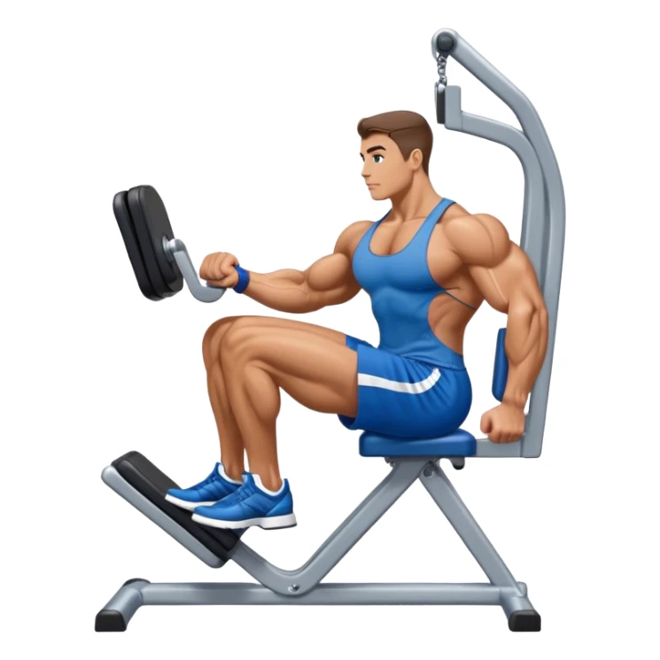 side-view bodybuilder in blue shorts seated weighted calf-raise machine on his tip toes sticker