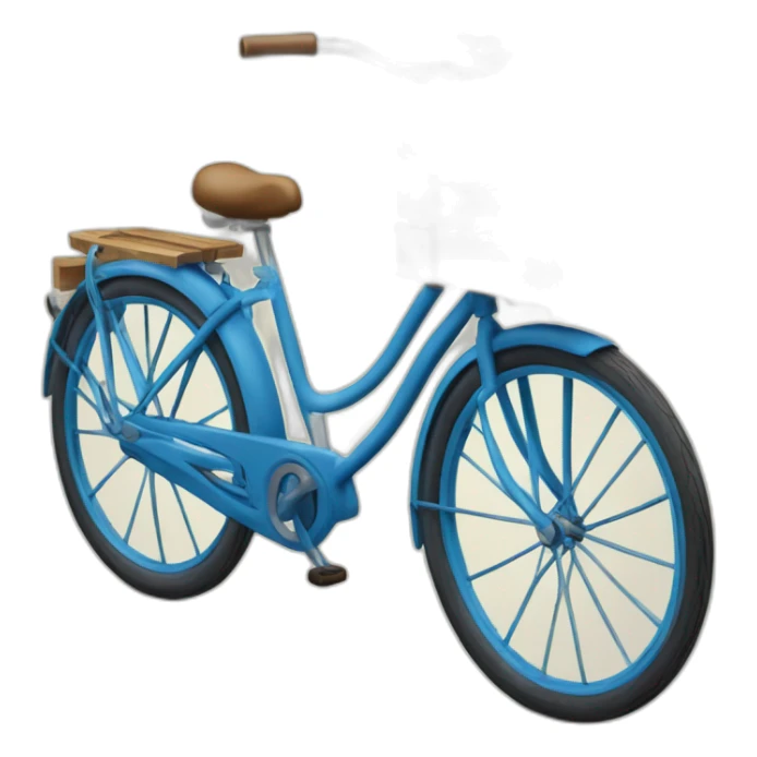 blue step-through bicycle with wooden crate on rear sticker