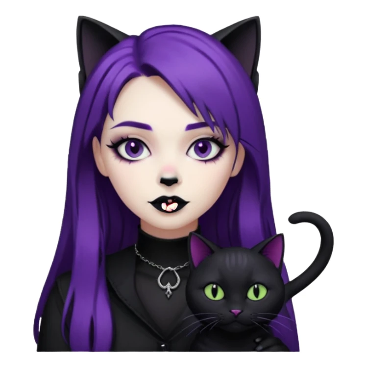 Goth purple woman with black cat. Animated sticker