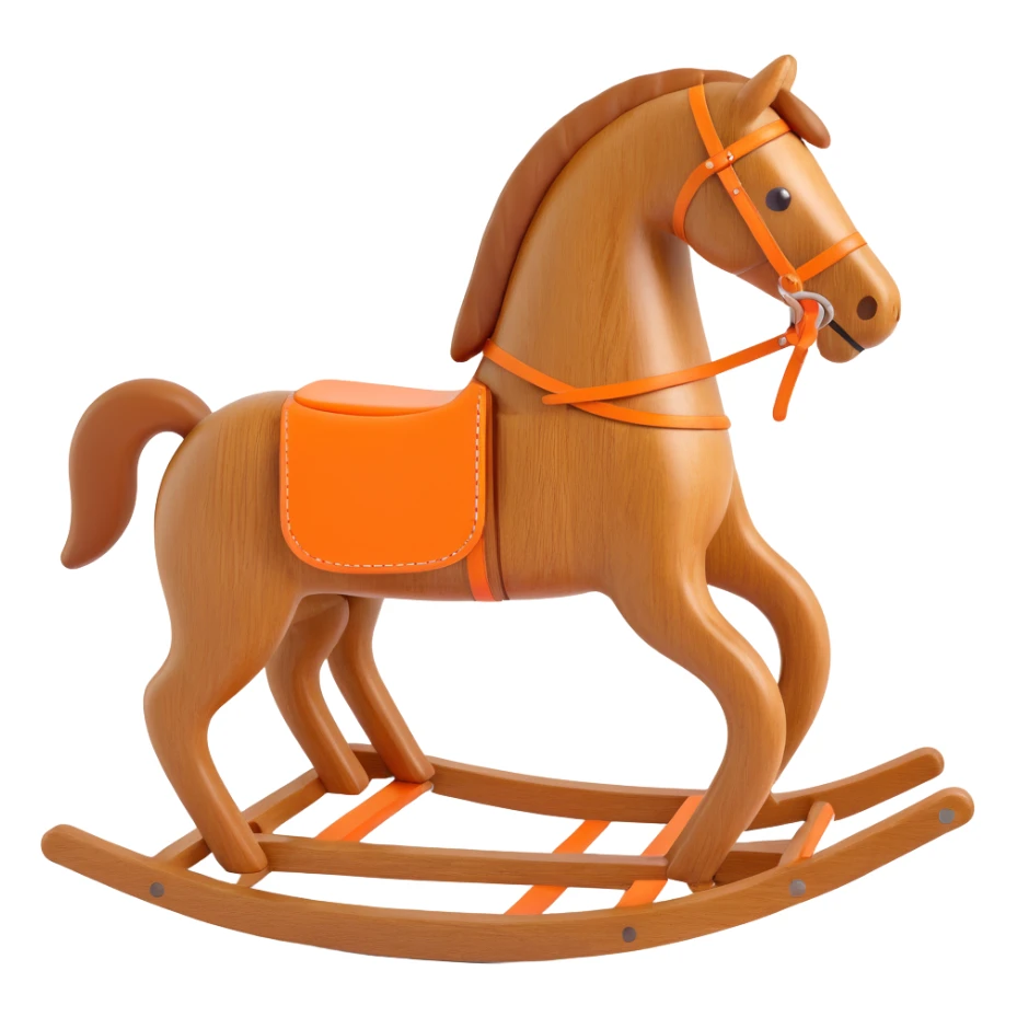 rocking horse, 3D, solid oak wood, vintage style, minimal Hermès orange accent, no text sticker