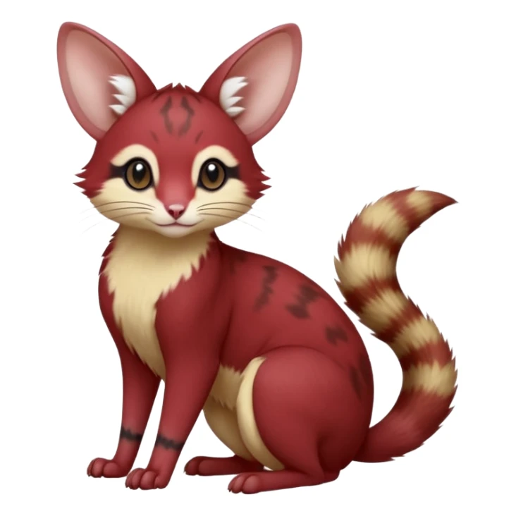 Maroon-Red, soft natural realistic romantic vintage antique divine beautiful elegant pretty precious cute young youthful  Fakémon-Pokémon-opossum-feline-mouse-serval-caracal-chinchilla-Minccino-Cinccino-Meowstic-rodent-hybrid-creature with a big fluffy bushy tail (full body) sticker