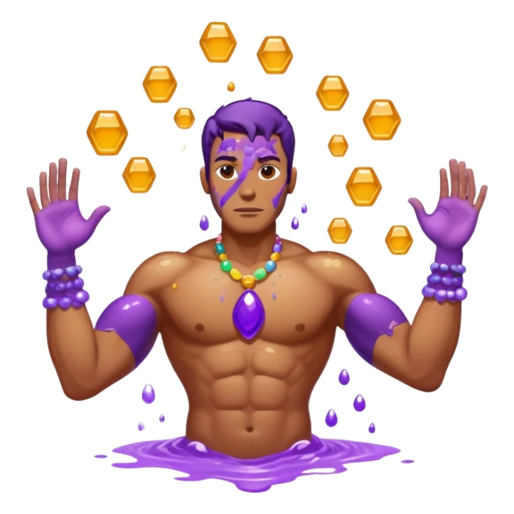 A tall strong purple man doused in honey with 5 colored stones floating around him sticker