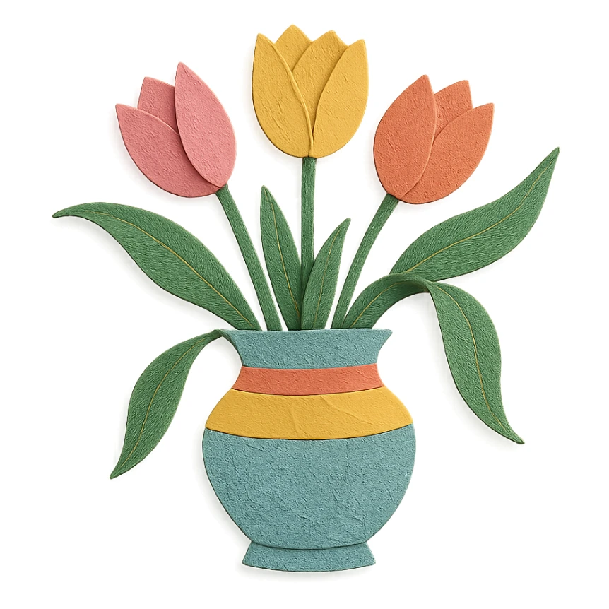 tulips in a decorative vase, delicate paper layers, naturalistic pose, expressive leaves sticker