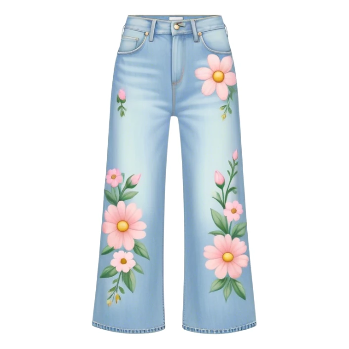 light wash denim wide leg jeans with pastel flowers painted on them sticker