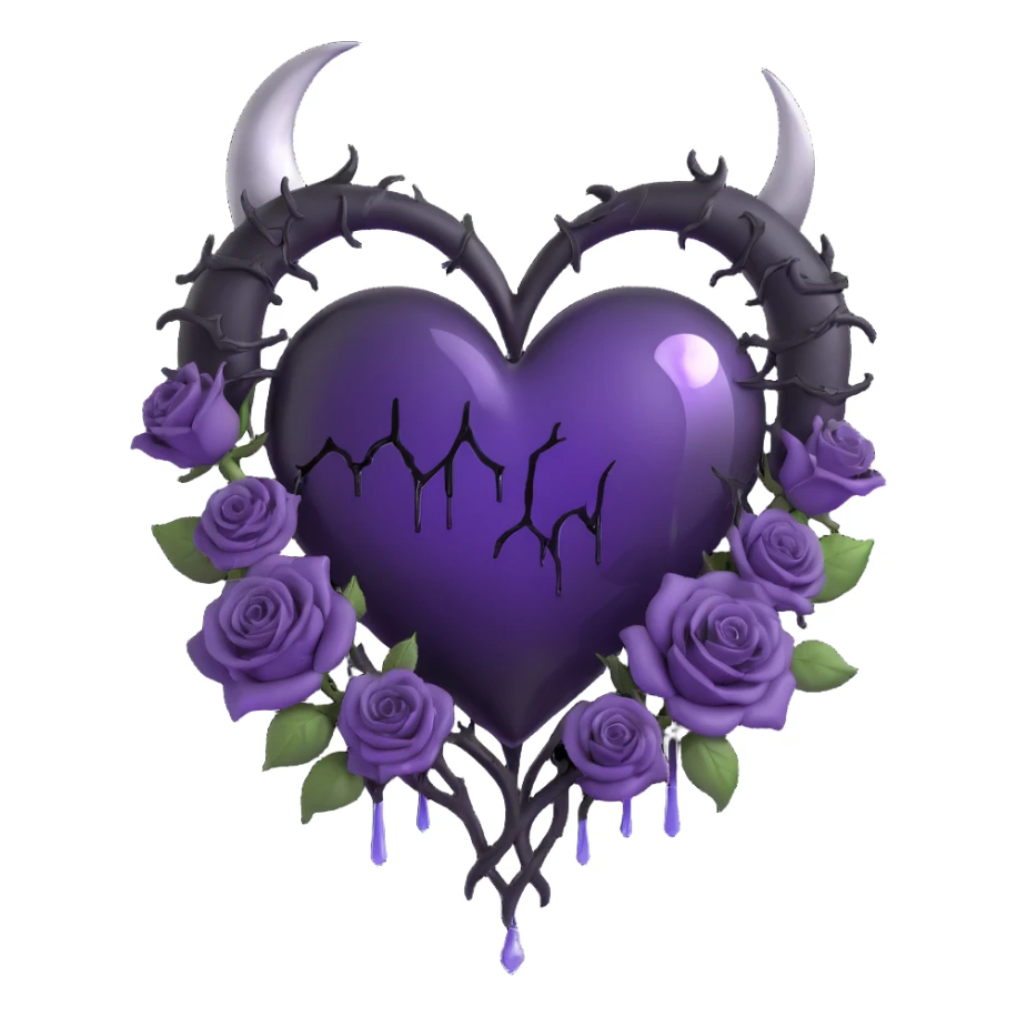 gothic heart, deep purple glass, crescent moon dripping silver, black roses encircling the heart, subtle lightning, rainy mist, cracked glass glowing softly sticker