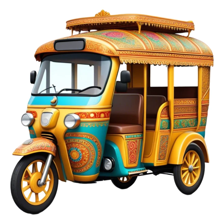 Cinematic Realistic Indian Auto Rickshaw Emoji, depicted as a colorful, bustling auto rickshaw with intricate designs and vibrant hues, rendered with lively textures and dynamic urban lighting that captures its quintessential presence in Indian cities. sticker