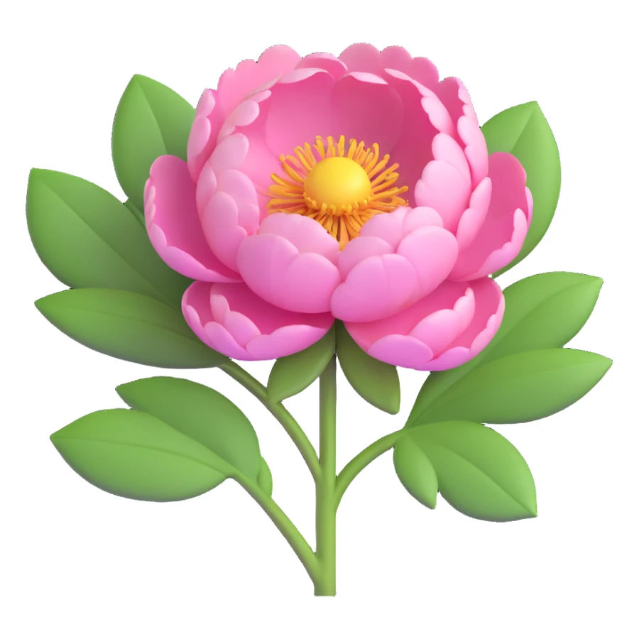 single pink peony flower with green leaves, soft rounded petals, realistic yet playful look, 3D emoji style sticker