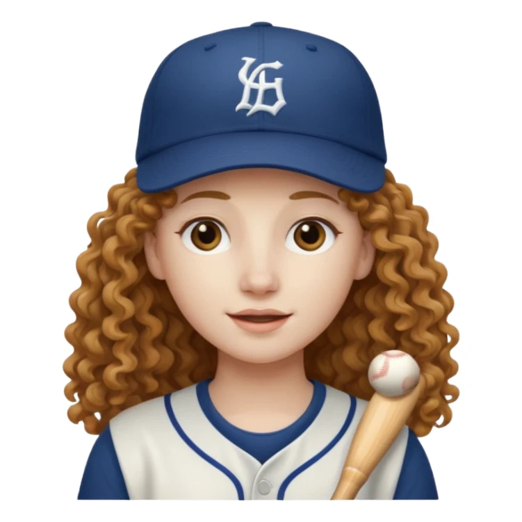 long hair light brown curly pale skin and a baseball hat sticker