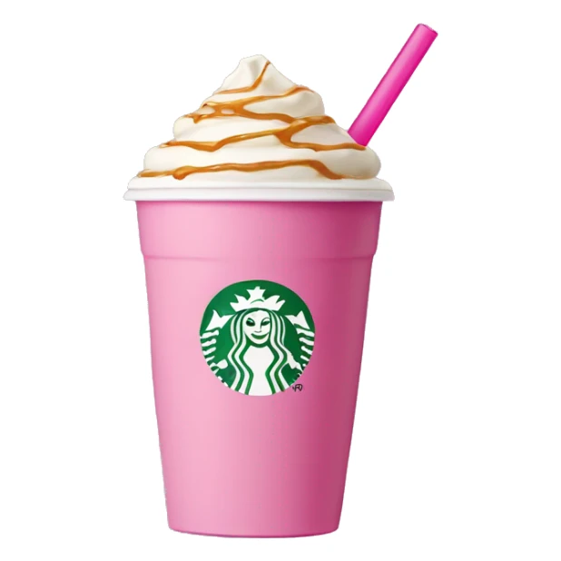 Starbucks Cute vanilla coffee with caramel drizzle in a pink plastic cup with one straw rounded top  sticker